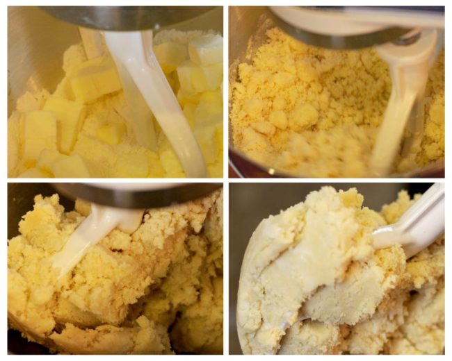 pie dough how-to collage showing dough being formed in mixer from chunks of butter to finished dough ball