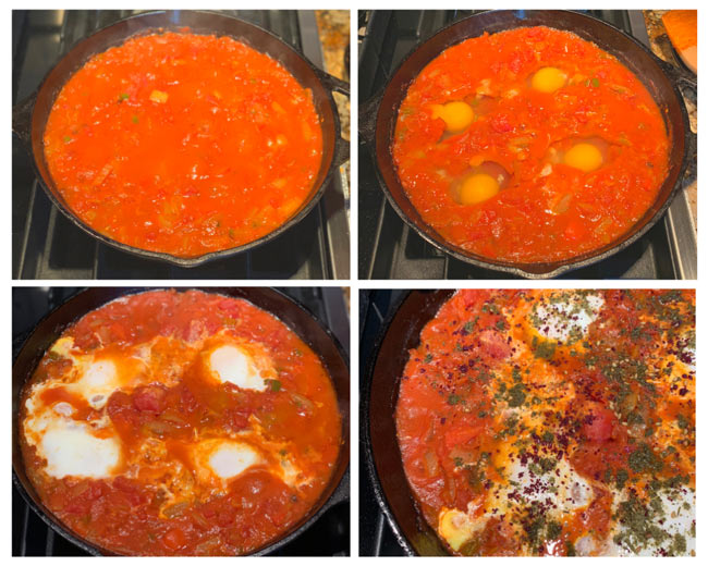 4-picture process collage showing how to make shakshuka from adding tomatoes to cooking the eggs.
