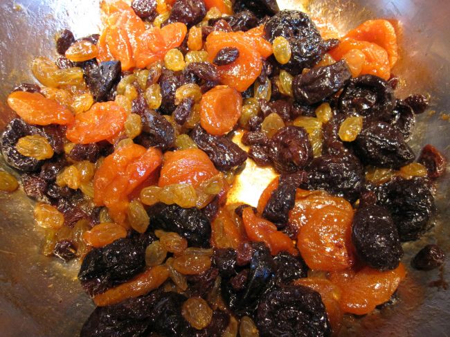 Dried fruits in bowl for hamantschen filling.