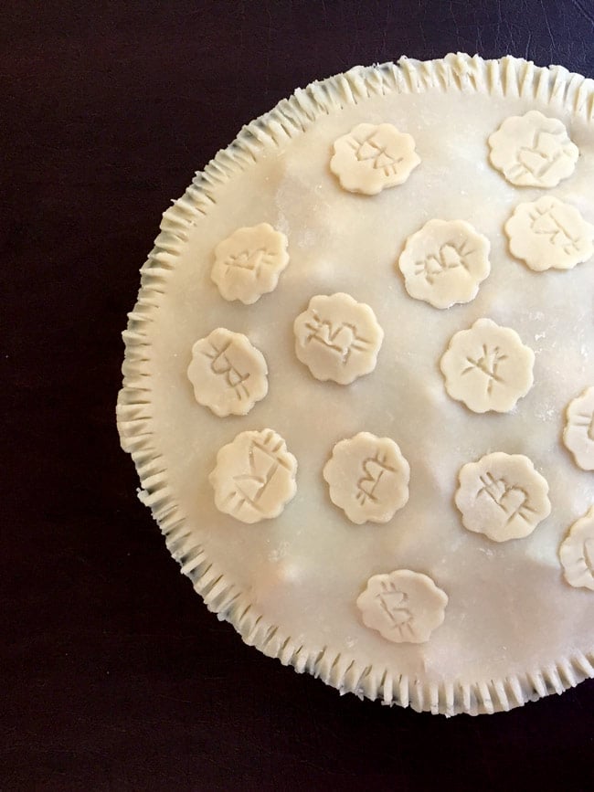 Pie dough with bitcoin decoration on top, before baking.