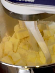 pie dough prep - butter cubes added to mixer