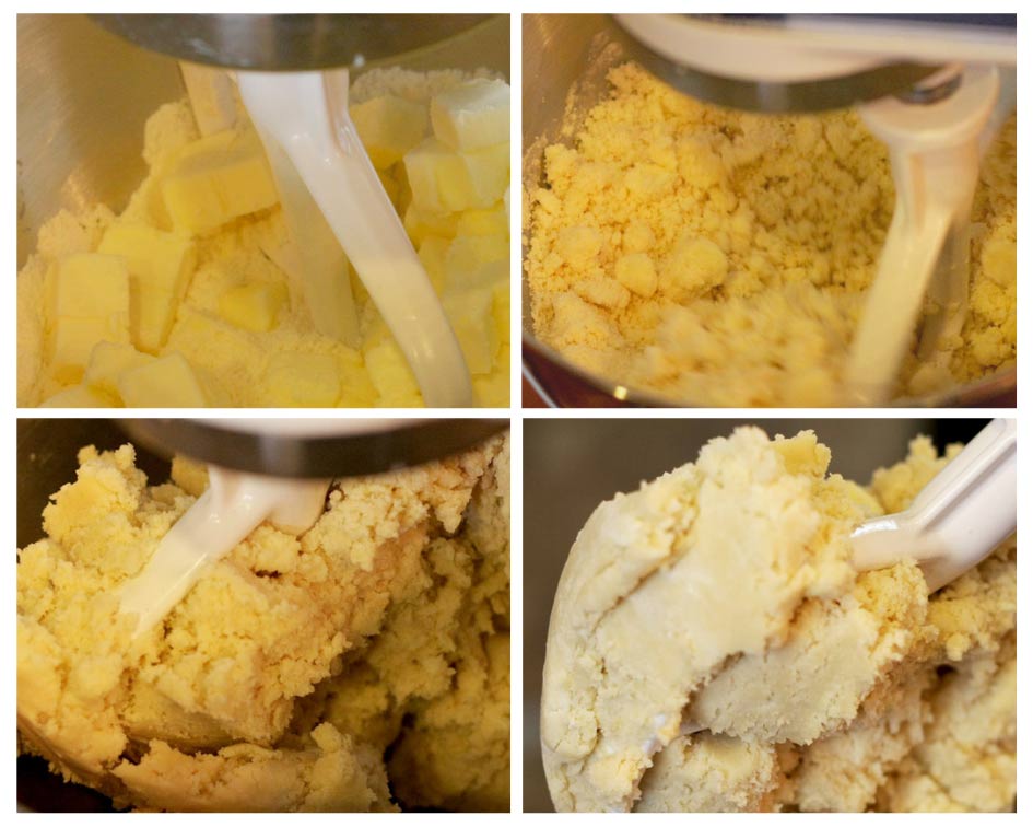 Pie dough how-to collage showing dough being formed in mixer from chunks of butter to finished dough ball.