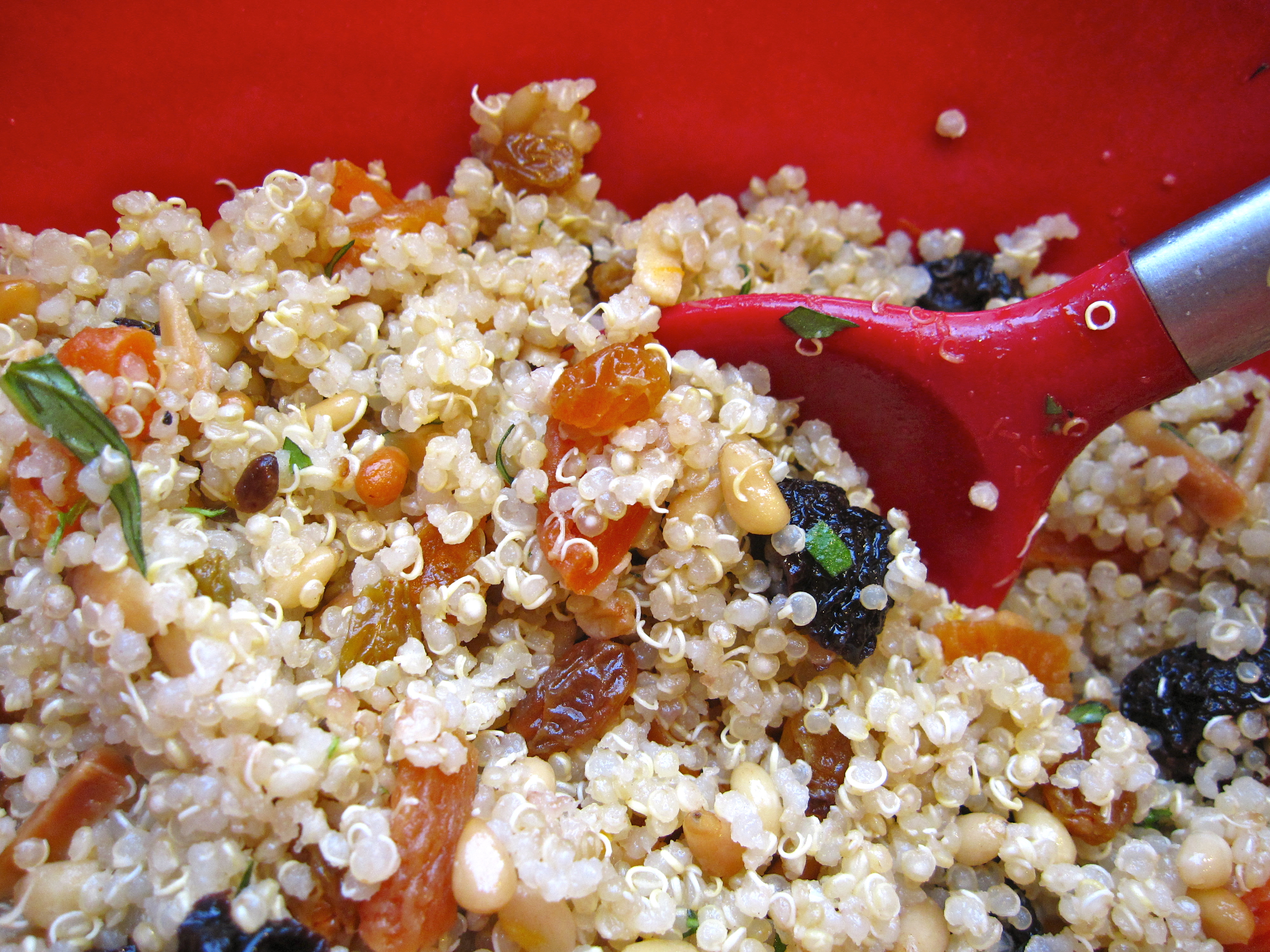 Dorie Greenspan's Quinoa, fruit, and nut salad with red spoon scooping up.
