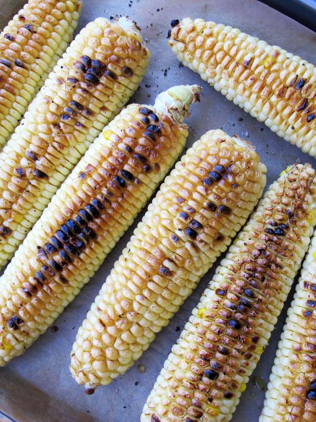 grilled or broiled corn on sheet pan for corn salad