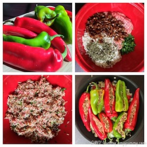 Four photos showing the steps of making stuffed romano peppers with baharat.