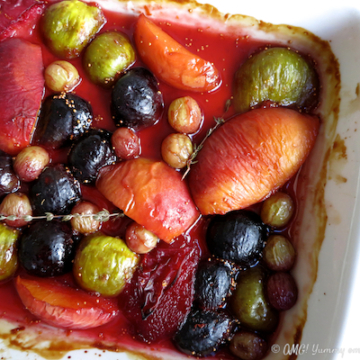 Roasted Fruit in a white baking tray ready to serve.
