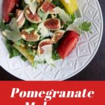 pinterest image with salad in white plate and dressing in small white bowl