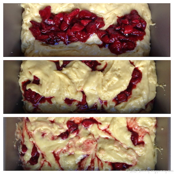 Collage of how-to photos of shortcake in pan.