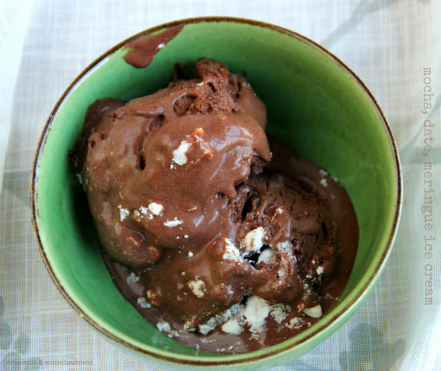 A bowl of chocolatey ice cream with date syrup.