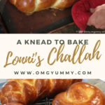 pinterest image showing finished challah loaf in the oven and challahs on cooling racks