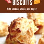 Yogurt drop biscuits on white parchment with title at the top