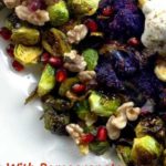 pinterest image with roasted brussels on a white platter