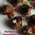 pinterest image with meatballs on white plate
