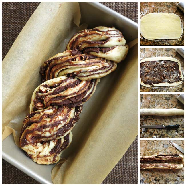 chocolate babka collage showing how to assemble the loaf 