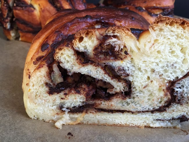 Chocolate Babka sliced and ready to devour with your favorite hot beverage