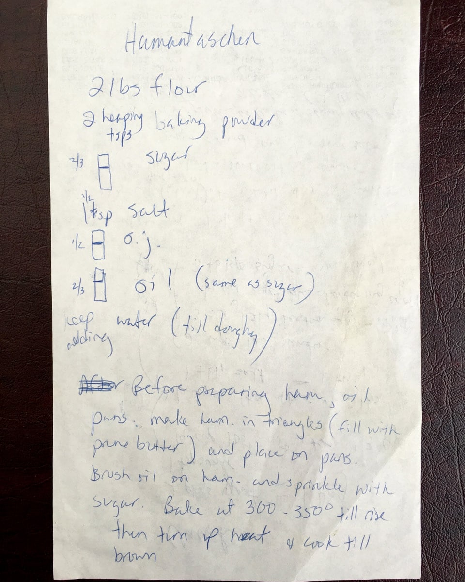 Bubbe's hamantaschen recipe scrawled on a piece of paper.