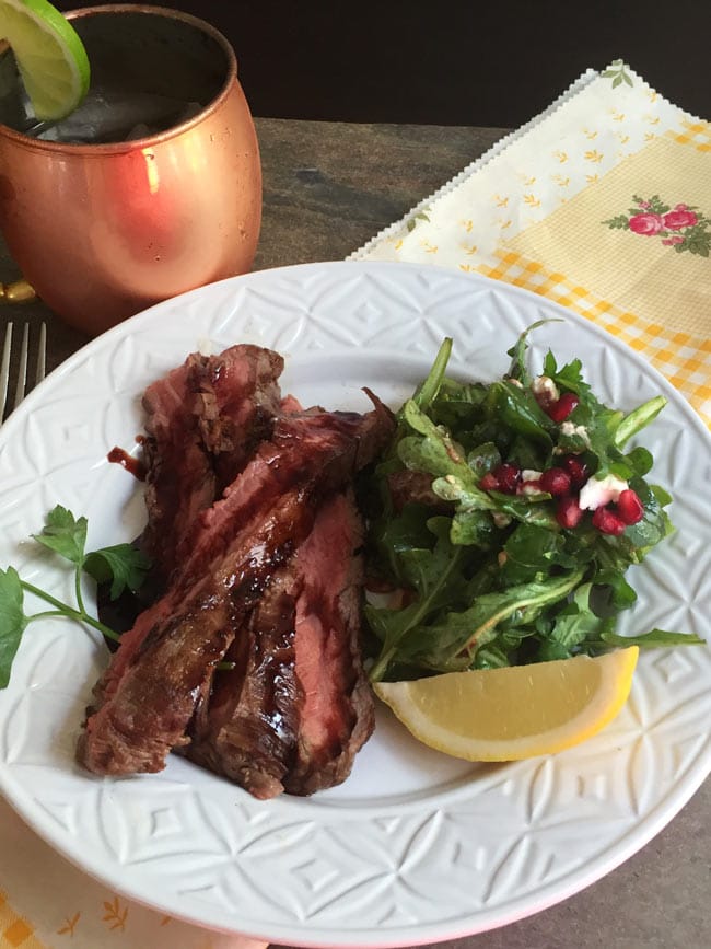 arugula salad and flank steak with moscow mule