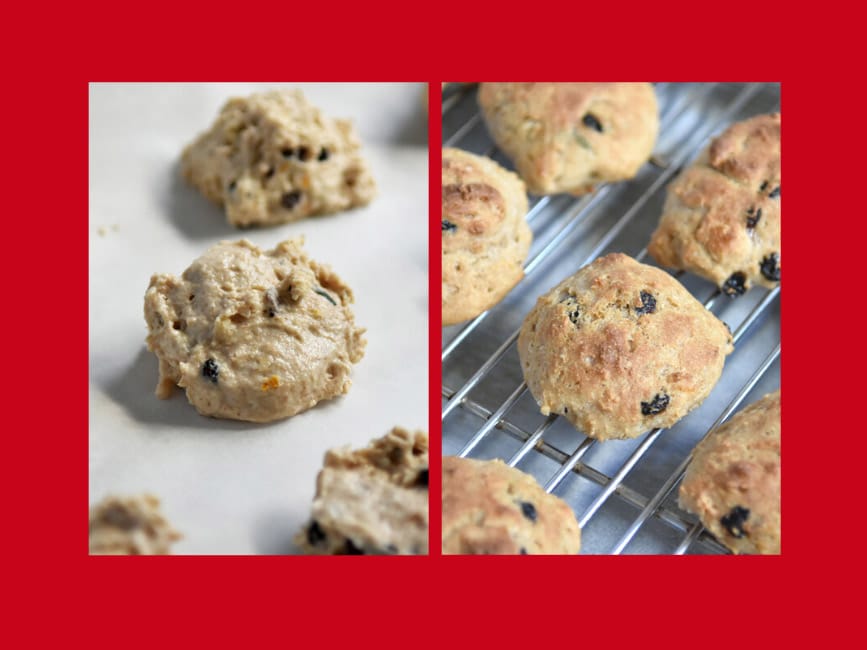 uncooked and cooked irish biscuits side by side in red frame