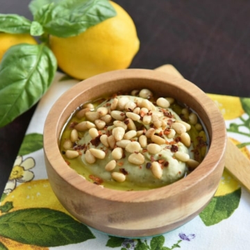 White bean basil hummus style dip with pine nuts and meyer lemon
