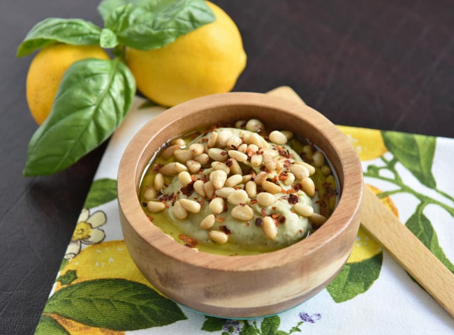 White bean basil hummus style dip with pine nuts and meyer lemon