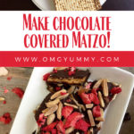 Pinterest image showing ingredient for chocolate matzo and finished chocolate matzo.