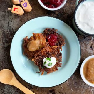3 potato latkes with 3 toppings made with the best latke recipe