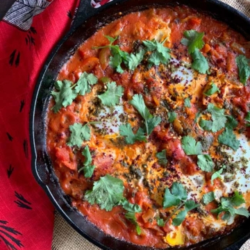 face down view of shakshuka in pan ready to eat