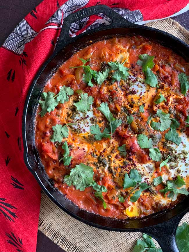 Face down view of shakshuka in pan ready to eat.