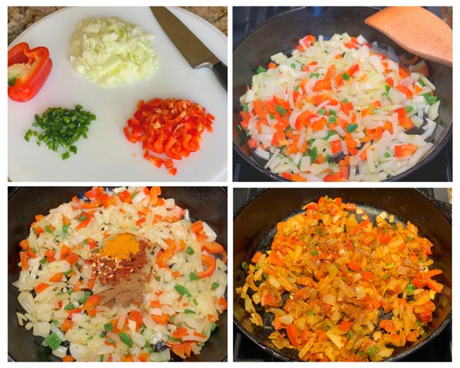 4-picture collage showing how to make shakshuka from chopping vegetables to sauteing with spices.