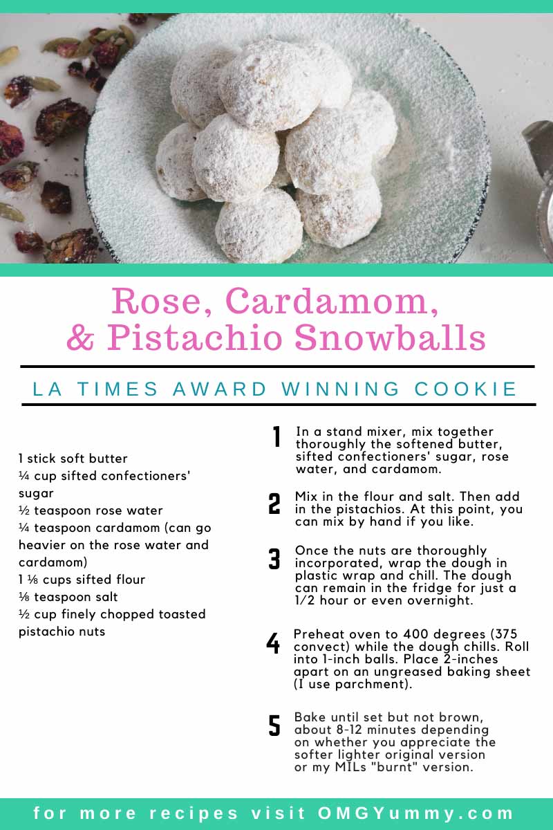 Pistachio snowball cookies recipe card picture.
