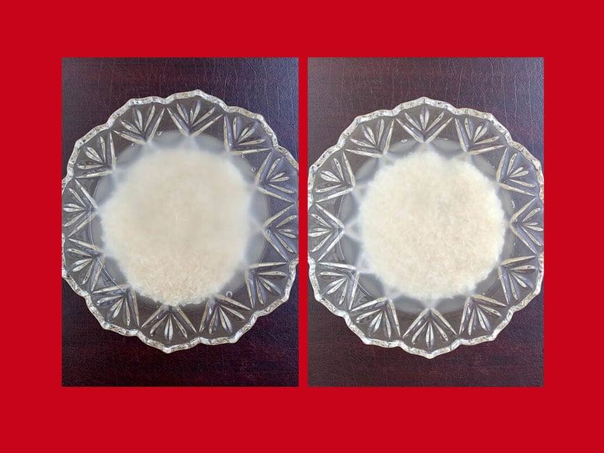 Side by side comparison of rinsed vs unrinsed basmati rice.