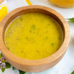 wooden bowl of preserved lemon vinaigrette