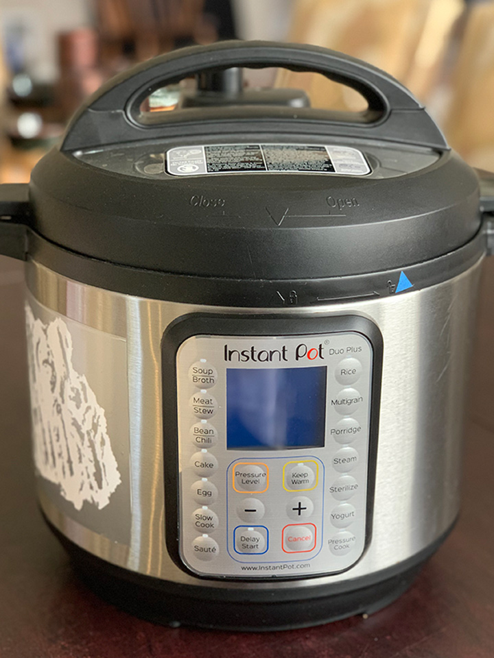 Instant Pot with an OMG! Yummy decal on it.