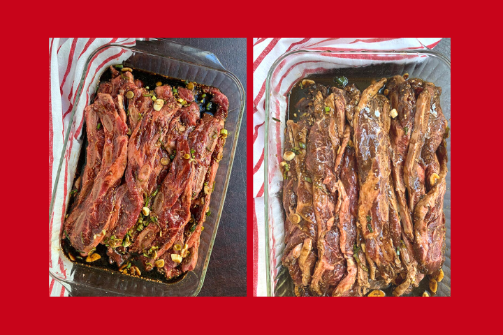 Side by side photo of ribs showing the color change after marinating for 8 hours.