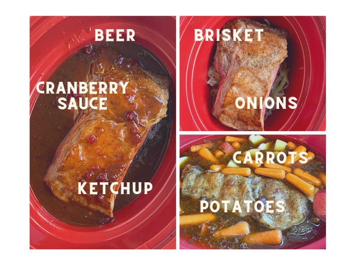 A collage of brisket shots showing the main ingredients needed for the recipe including beer, cranberry sauce, ketchup, brisket, onions, carrots and potatoes.