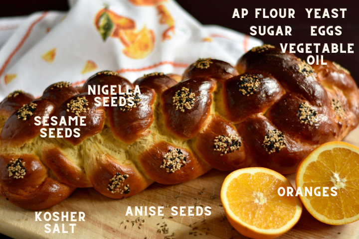 Baked challah bread  with all the ingredients needed listed on the photo.