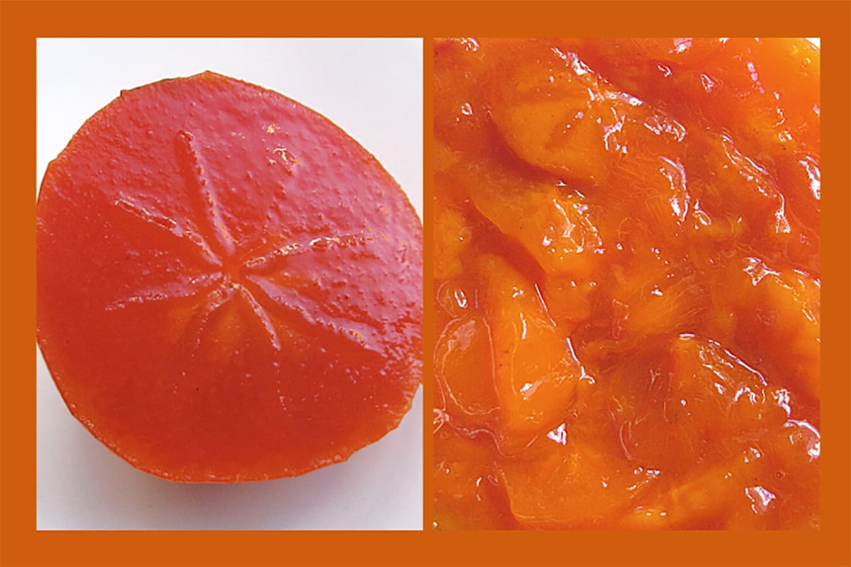A cross section of Hachiya persimmon and a separate photo of its pulp.