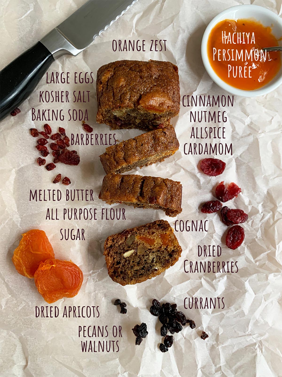 Collage of ingredient showing everything you need to make persimmon bread. Ingredients on parchment paper. 
