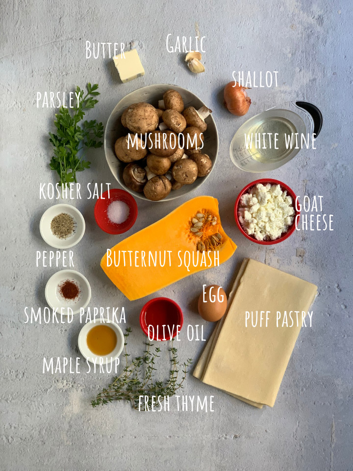 ingredients for the vegetarian entree including butternut squash, mushroom and goat cheese wellington with all ingredients labeled 