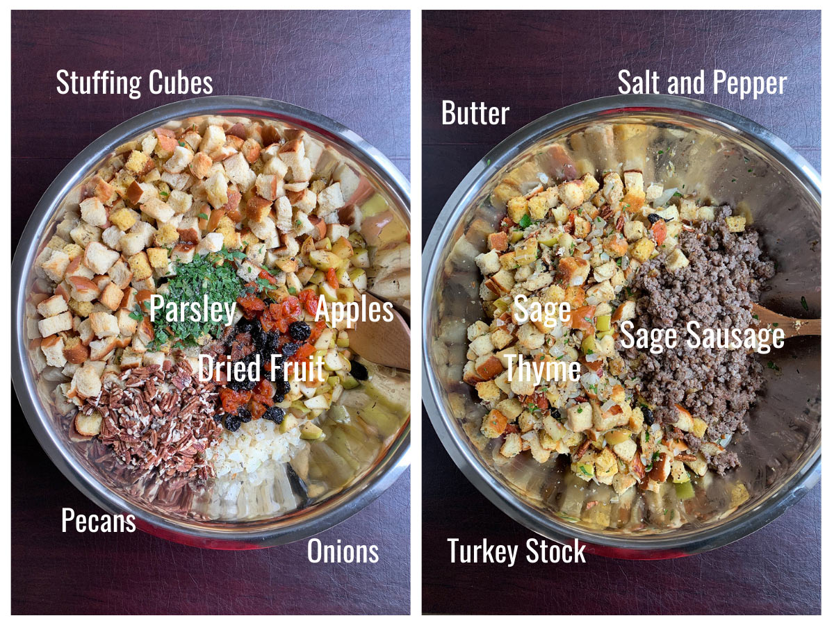 Two bowls showing stuffing ingredients with labels.