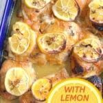 pinterest image with pan of cooked apricot jam chicken