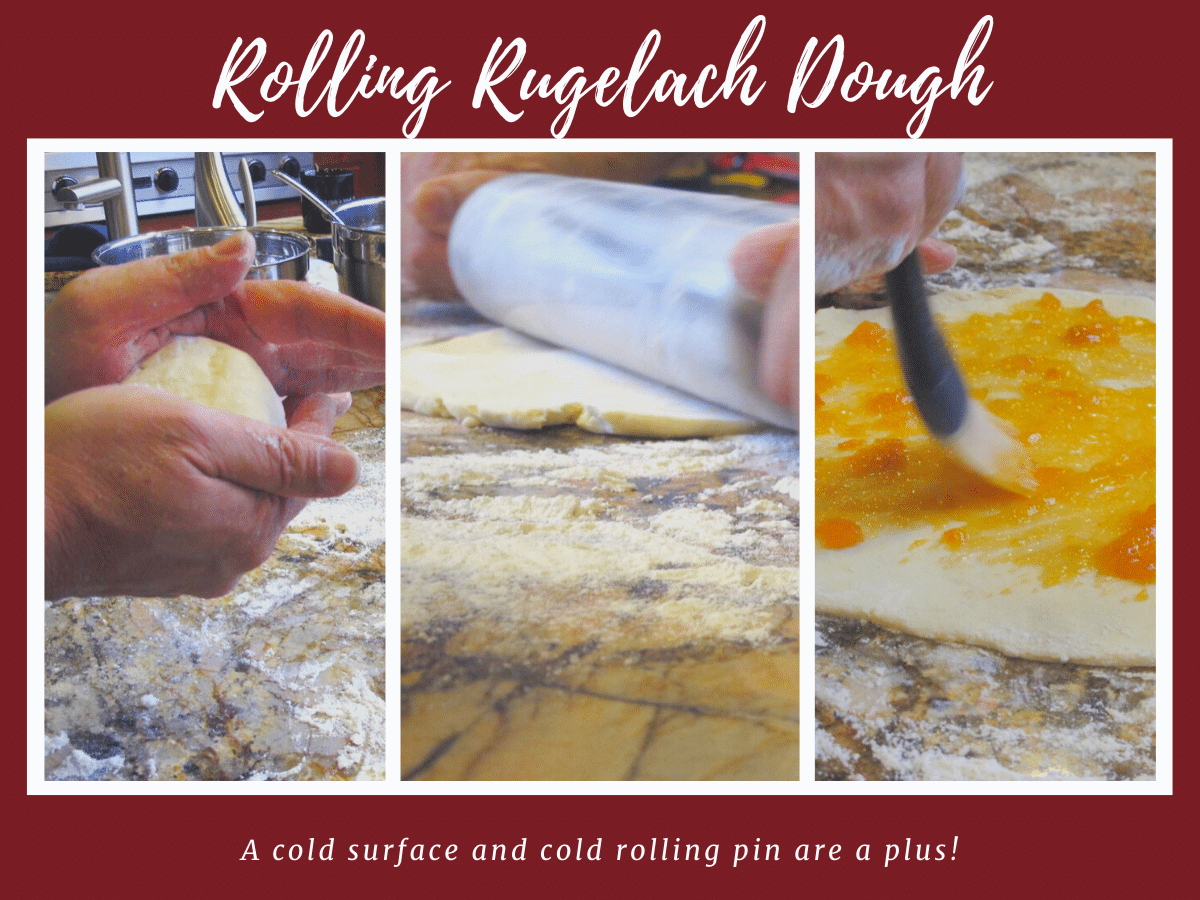 3 images showing how to roll out rugelach dough. Text reads: "Rolling reugelach dough. A cold surface and cold rolling pin are a plus!".