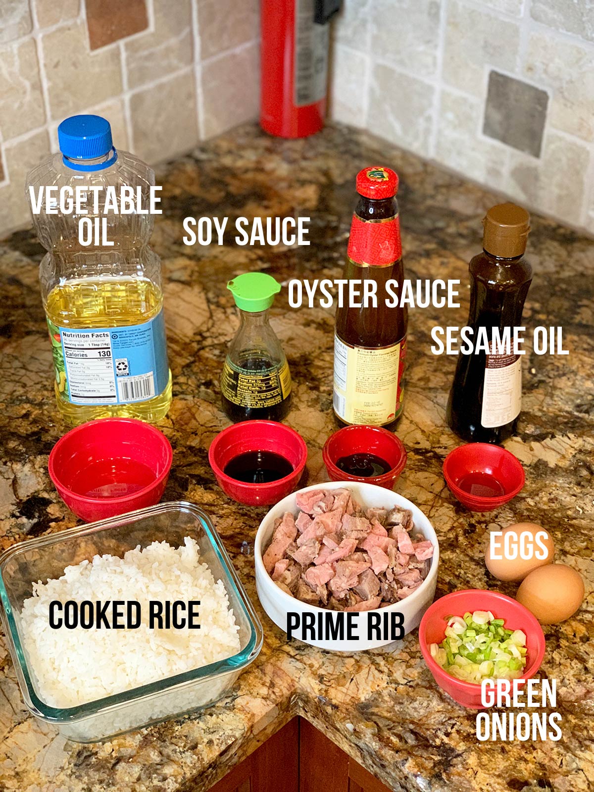 Collage of ingredients on counter  for leftover prime rib fried rice.