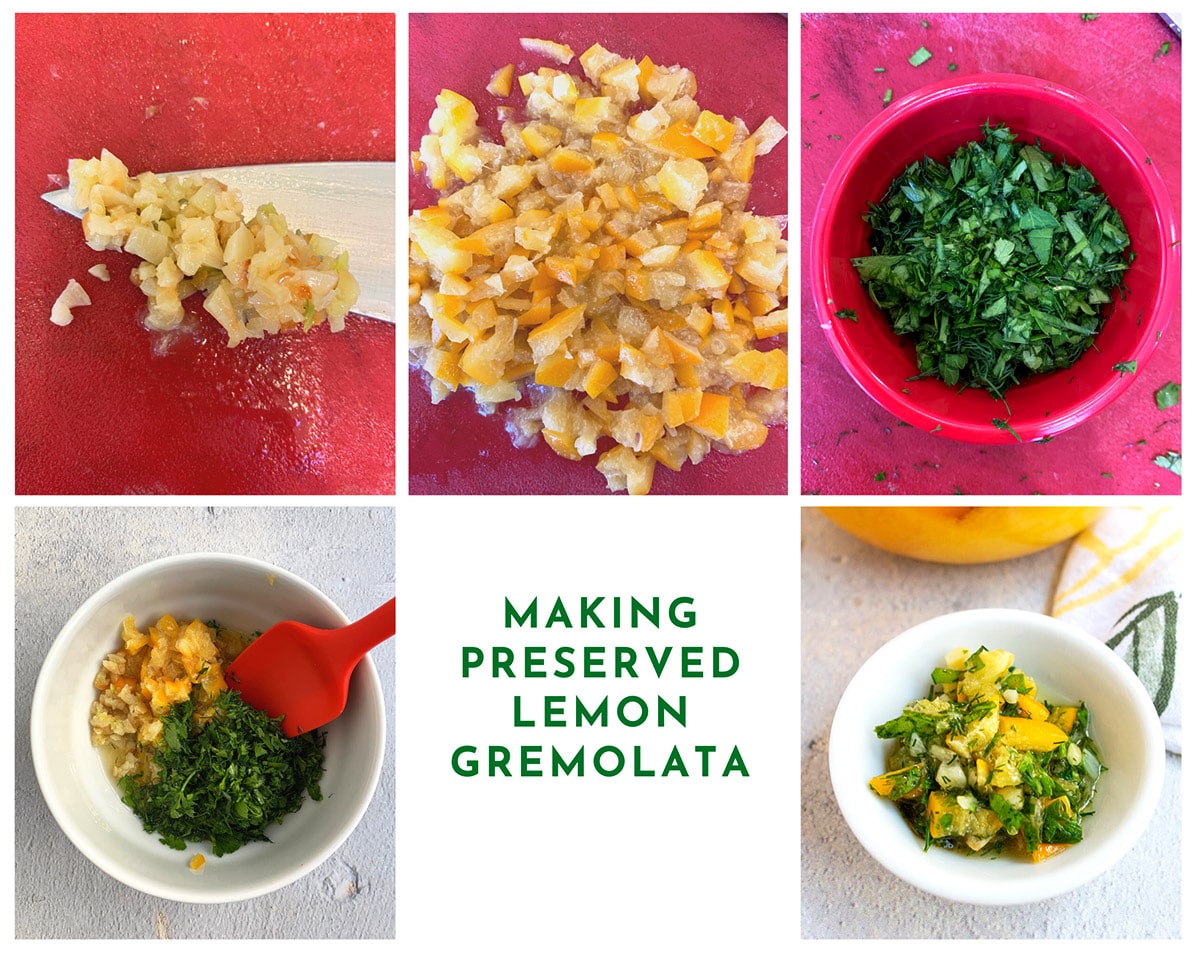 collage showing stages of making the preserved lemon gremolata