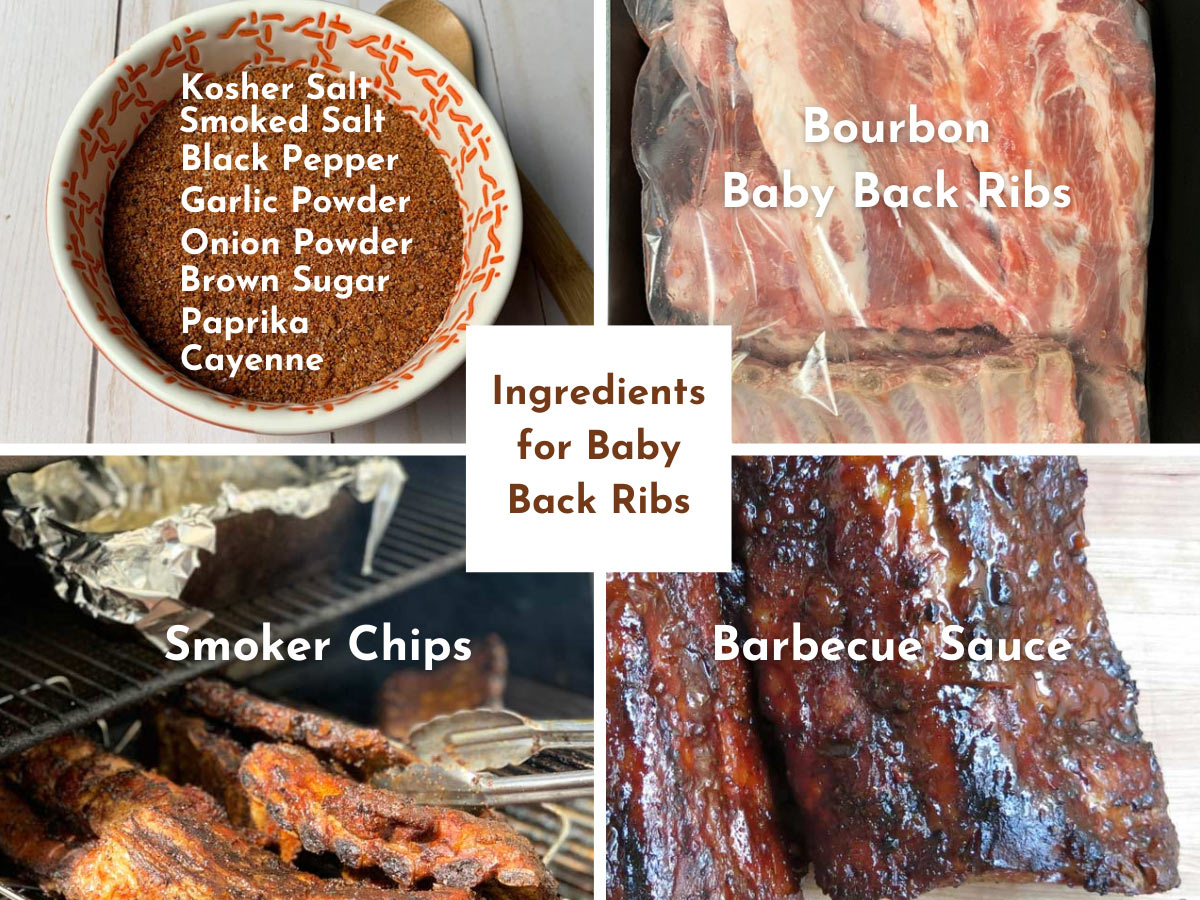 4 shot ingredient collage showing dry rub, ribs in bourbon, ribs on the grill with smoker chips, and ribs with barbecue sauce ready to cut on a cutting board.
