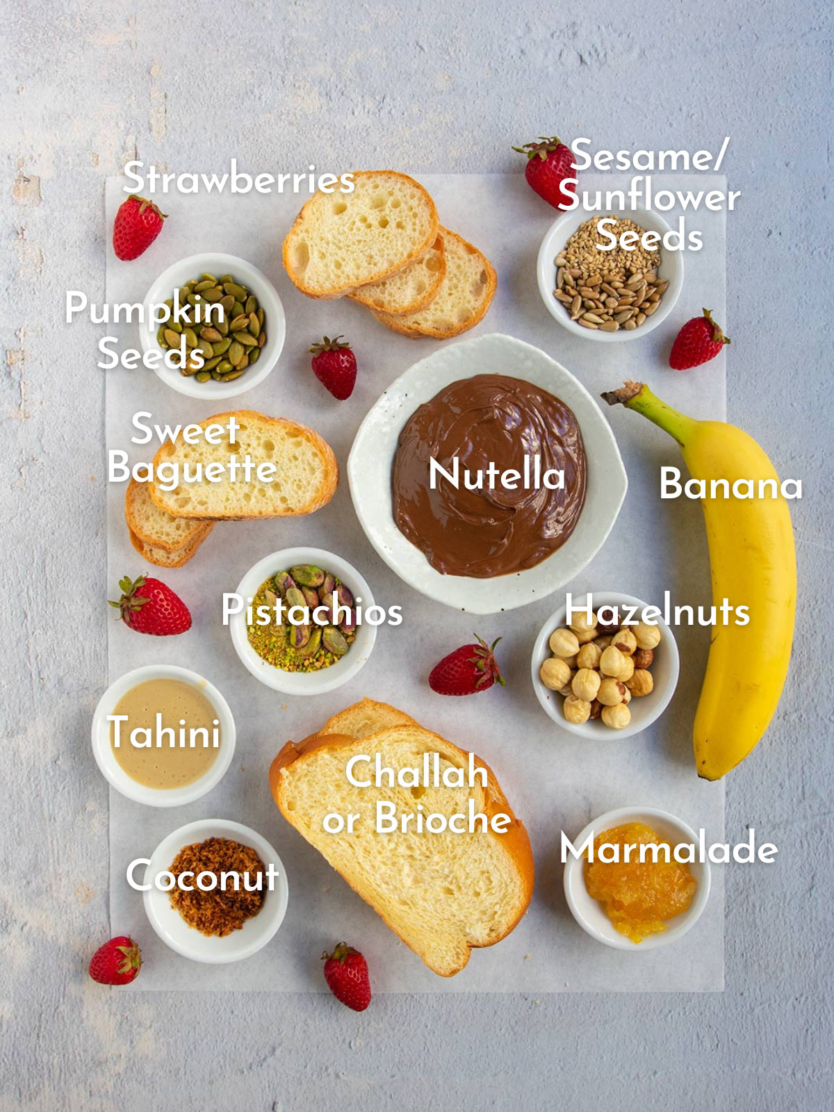 collage of all bread choices and toppings for nutella toasts.