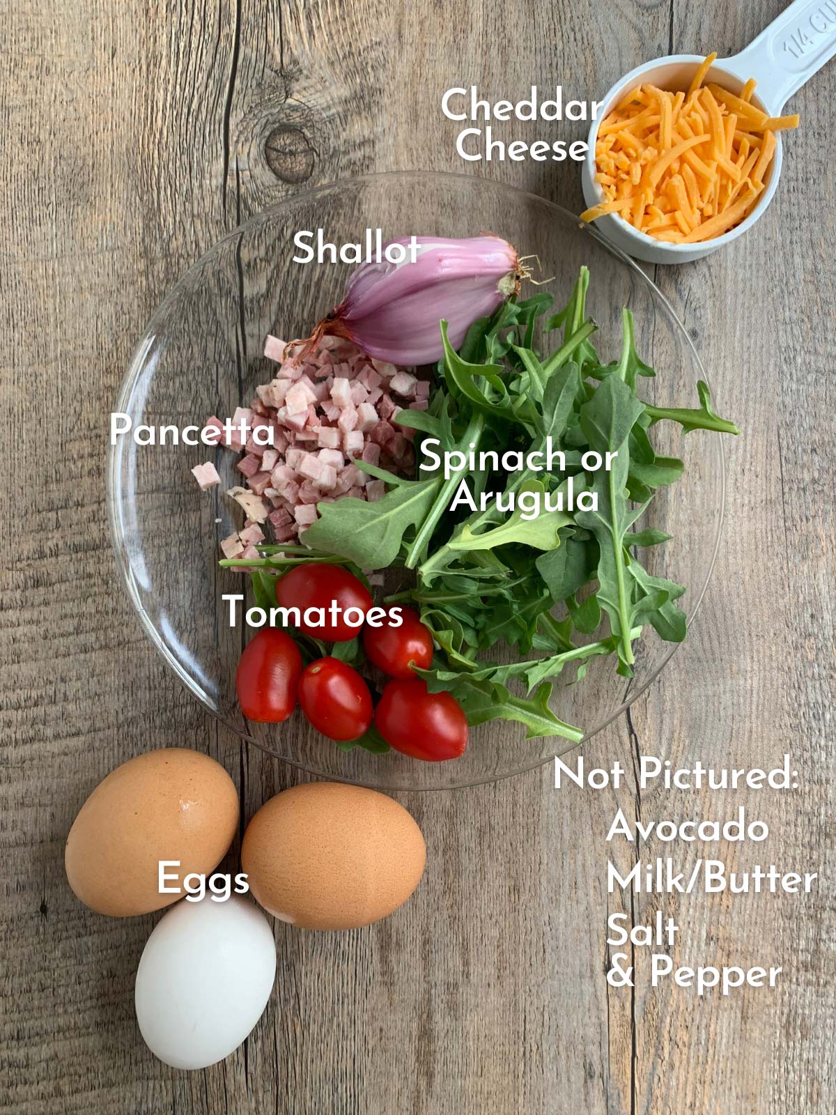 Ingredients for omelette in a glass bowl and on wooden board with text captions on each.