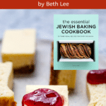 Pinterest image showing cheesecake bars and small image of cookbook cover.