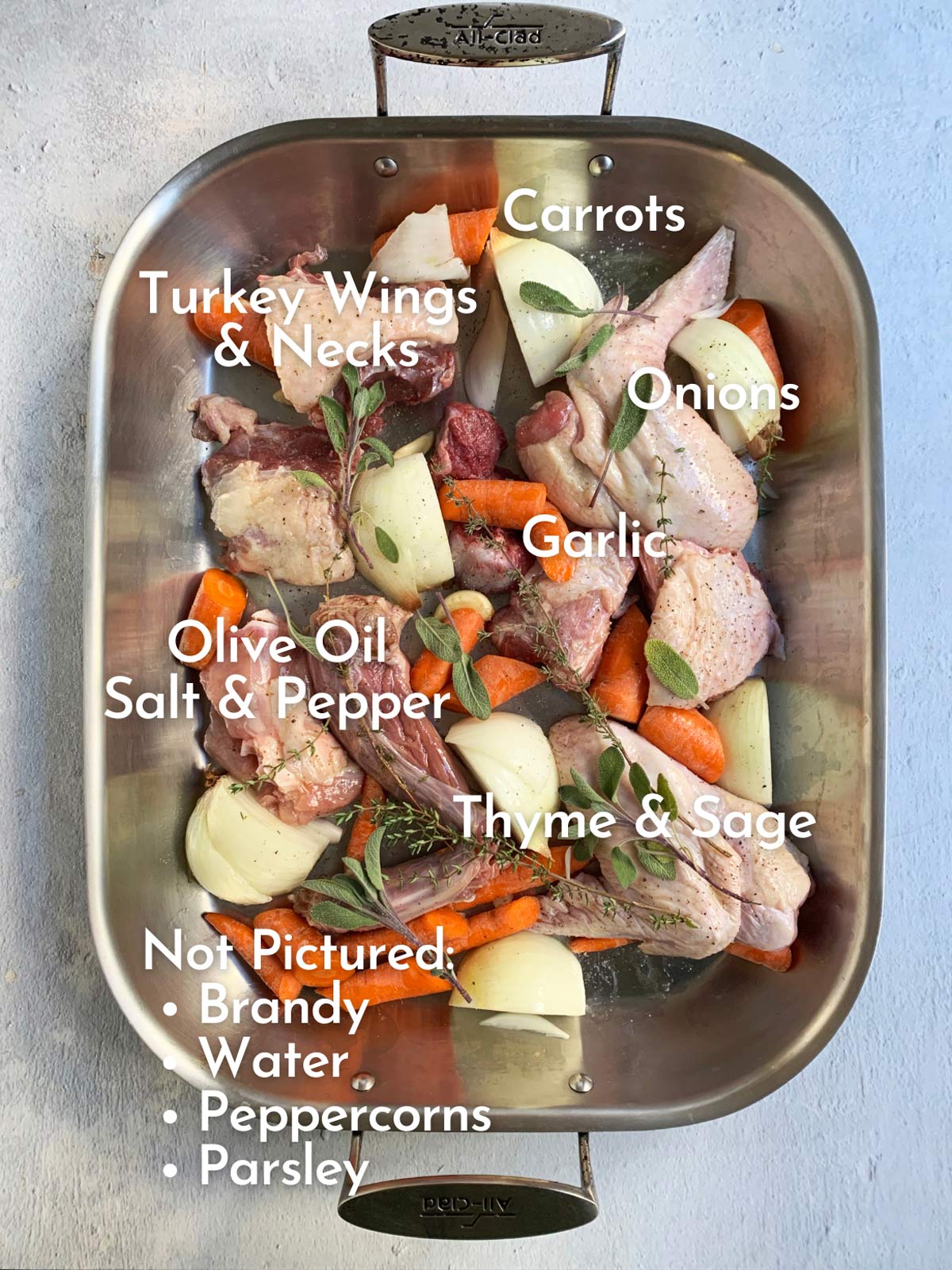 Ingredients you'll need for roasted turkey stock labelled in a roasting pan.