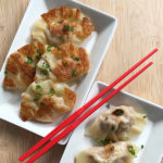 Pan-fried and boiled mandu on white plates with red chopsticks for a pinterest image.